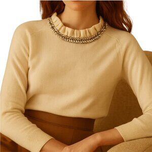 RSVP by Talbots Sweater Size SP Cream Ruffle Neck Jeweled Trim Bow Back Elegant